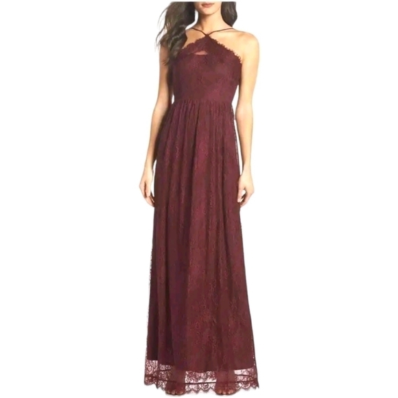 Heartloom Eloise Halter Lace Maxi Gown Dress Burgundy Eyelash Scalloped Med NWT - Picture 2 of 12